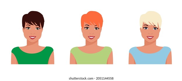 A set of cute girls with a short hairstyle.  Brown-haired, red-haired, blonde, isolated. Perfect for avatars, website icons, beauty salon icons