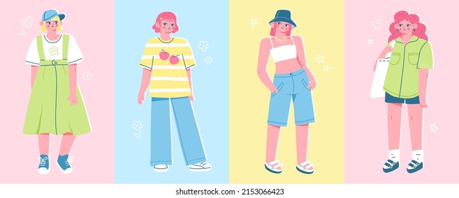 Set of cute girls in stylish modern outfits. Vector illustration of young women wearing fashionable casual clothes. Trendy female fashion concept in colorful flat style.