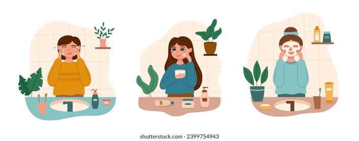 Set of cute girls take care of there skin and applies cosmetics on face. Skin care concept. Body care concept.	