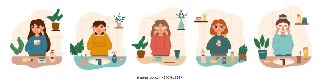 Set of cute girls taking care of there skin and applies cosmetics on face. Skin care concept. Body care concept.	