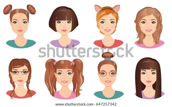 Set Cute Girls Teenagers Different Hairstyles Stock Vector