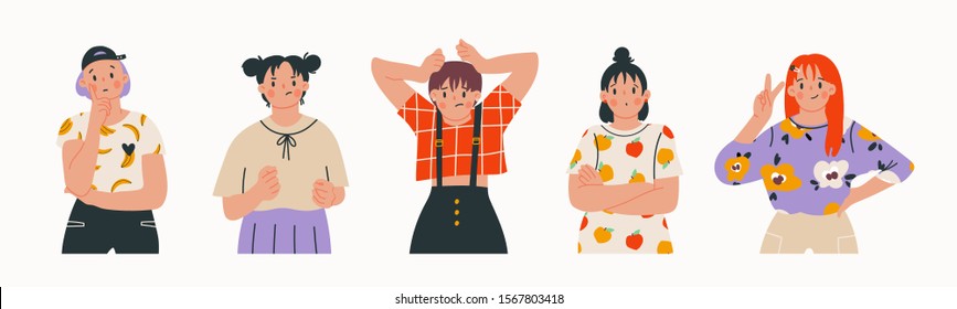 Set of Cute girls in trendy clothes reveal various emotions. Mood expression. Modern fashion look. Hand drawn vector trendy illustration. Flat design. Cartoon style. Isolated on a white background