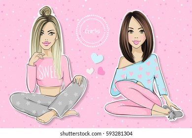 Set with cute girls. Vector young ladies. Fashionable teens. Stylish chick.
Trendy fashion illustration in sketch style. Blonde and brunette girlfriends.