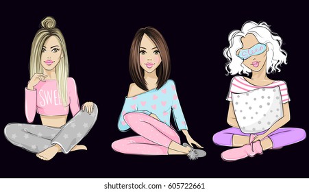 Set with cute girls. Vector young ladies. Fashionable teens. Stylish chick.
Trendy fashion illustration in sketch style. Blonde and brunette girlfriends.