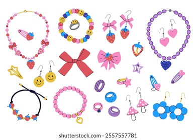 Set of cute girly accessories rings, earrings, necklaces, hairpins, bracelets. Vector graphics.