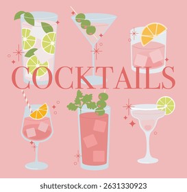 Set of cute girly cocktails illustration. Coquette pink drinks vector.