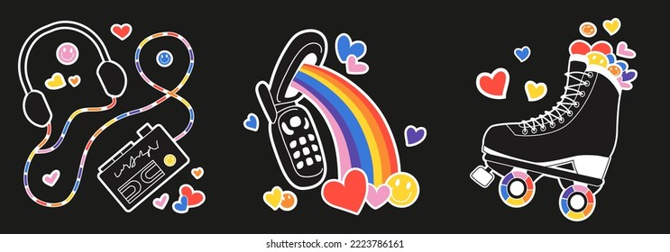 Set Cute Girly Roller Skate Sticker, Flip Phone And Music Player With Rainbow In Retrowave Aesthetic. Girly Y2k Sticker, 90s And 2000s Style