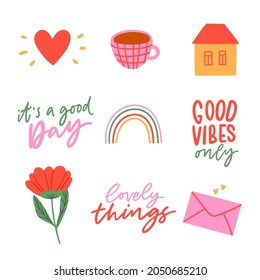 Set Of Cute Girly Stickers. Collection Of Trendy Modern Illustrations.