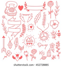 Set Of Cute Girly Vector Vintage Boho Doodle Stickers. Hand Drawn Floral Elements.