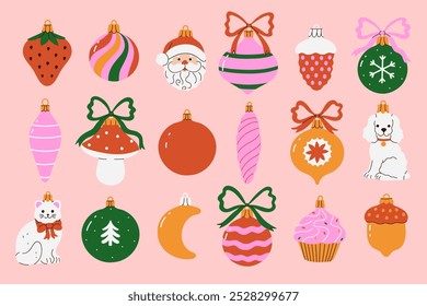 Set of cute glass Christmas tree toys. Vector graphics.