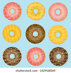 set of cute glazed and decorated doughnuts chocolate,strawberry with colorful sprinkles