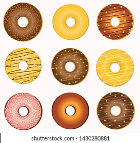 set of cute glazed and decorated doughnuts with sprinkles