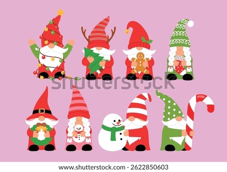 set of cute gnome cartoon character with christmas light, holding christmas tee, gingerbread man, christmas sock, wreath with bell, figurine snowman, building snowman, holding giant candy cane vector
