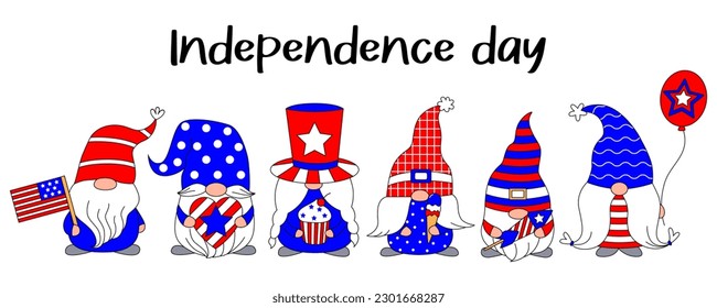 Establezca gnomos adorables con elementos de la celebración del 4 de julio para el Día de la Independencia de los Estados Unidos. Estilo de dibujos animados Doodle.