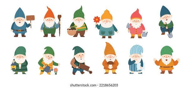 Gnomes Cuidados Con Una Decoración Abundante En El Jardín, Enanos Adorables Con Linterna, Bañera De Agua Y Flores. Carácter Enano Con Carne, Hongos, Cesta, Trole. Ilustración del vector de dibujos animados