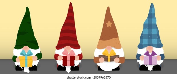 Set of cute Gnomes cartoon characters wearing hats holding colorful gift boxes isolated on yellow background. Symbols cartoon character collection for decoration Christmas cards. Vector illustration.
