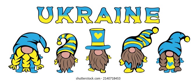 Set of cute gnomes in colors of flag of Ukraine. Hand drawn vector illustration
