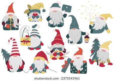 set of cute gnomes in different poses isolated on white. Scandinavian cartoon character. Christmas decoration. Fairy tale dwarf, elf, gifts, Christmas tree