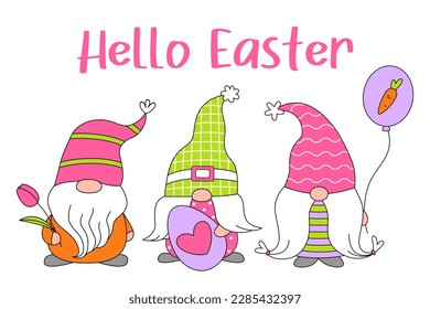 Set cute gnomes with eggs, baloon, tulip for Easter and spring. Happy Easter. Doodle cartoon style.