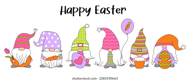 Set cute gnomes with eggs, carrot, cake, baloon, tulip for Easter and spring. Happy Easter. Doodle cartoon style.