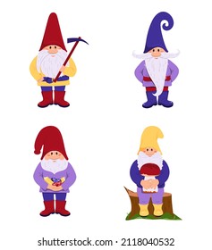 Set with cute gnomes. A cute gnome holds multi-colored diamonds in his hands. The gnome smiles. The gnome sits on a stump. Flat style. Separate on a white background. Long mustache Vector illustration
