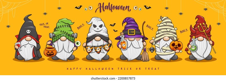 Set Of Cute Gnomes Halloween Character, Vampire, Witches, Frankenstein, Devil, Mummy On Banner Design, Cute Cartoon Illustration