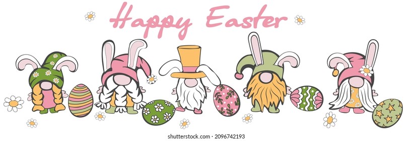 Set of cute gnomes for happy easter with flowers, ears and eggs. Can be used for poster, greeting cards, banners and stickers. Vector illustration