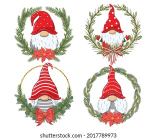 A set of cute gnomes for the New Year and for Christmas. Vector illustration of a cartoon.