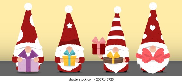Set of cute Gnomes or Santa Claus cartoon characters wearing red hats holding colorful gift boxes isolated on background. Christmas day symbol bearded cartoon character collection.Vector illustration.