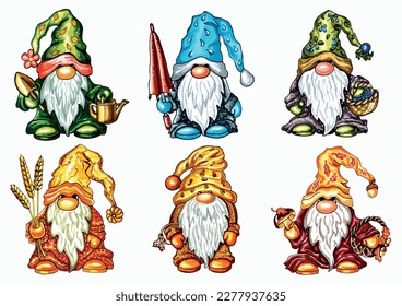 Set of cute gnomes for the seasons.Vector EPS illustration for stickers, creating patterns, wallpaper, wrapping paper, 
postcards, design template, fabric, clothing. 