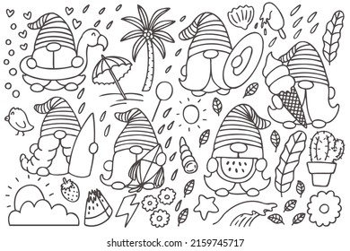 Set of cute gnomes summer, Hand drawn, line, doodles, print, art.