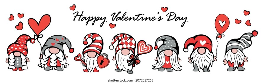 Set of cute gnomes for valentine day with hats, balloons and hearts. Can be used for poster, greeting cards, banners and stickers. Vector illustration