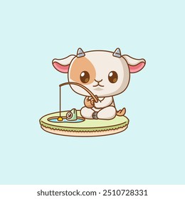 set Cute goat fishing fish on island kawaii chibi character mascot illustration outline style design