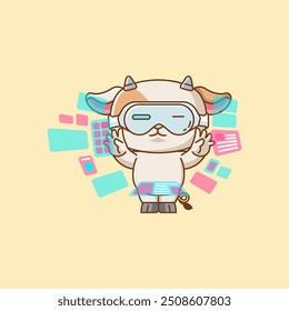 set Cute goat interact virtual reality glasses vr kawaii chibi character mascot illustration outline style