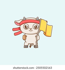 set Cute goat shouting with the flag and headband kawaii chibi character mascot illustration outline style design