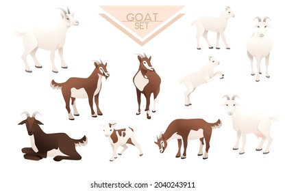 Set of cute goatling white goat farm animal cartoon animal design vector illustration isolated on white background