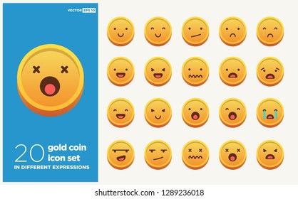 Set of Cute Gold Coin Emoji Line Icons In Different Expressions