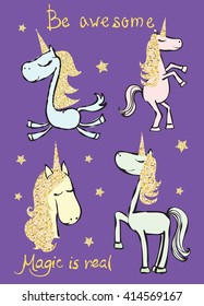 Set of cute gold unicorns