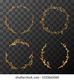 Set of cute golden detailed flower wreaths on transparent