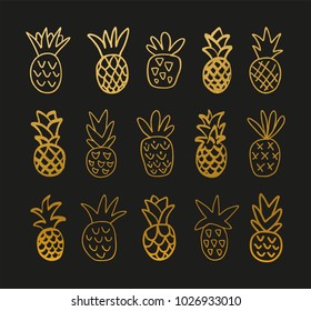 Set of Cute Golden Pineapple. Hand Drawn.