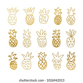 Set of Cute Golden Pineapple. Hand Drawn.