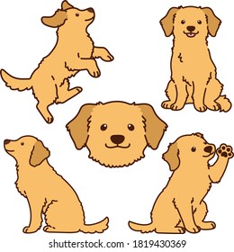 Set of cute Golden Retriever illustrations with outlines