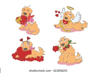 set of cute Golden Retrievers in cartoon style.  Great for Valentine greeting card.