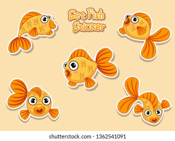 Set Cute goldfish Cartoon sticker. Vector illustration isolated on Color background