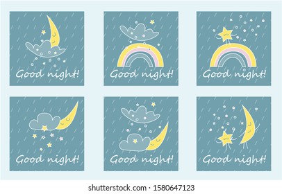 Set of cute good night card vectors with cartoon moon, stars and rainbow. The moon under the covers.