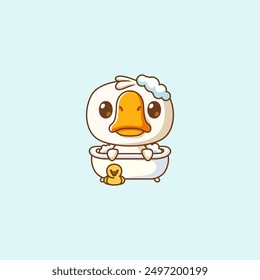 set Cute goose bathing time in bathtub kawaii chibi character mascot illustration outline style design