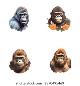 set of cute gorilla watercolor illustrations for printing on baby clothes, sticker, postcards, baby showers, games and books, safari jungle animals vector