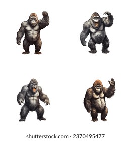 set of cute gorilla watercolor illustrations for printing on baby clothes, sticker, postcards, baby showers, games and books, safari jungle animals vector