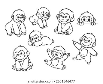Set of cute gorillas in various poses with hand-drawn vector illustrations. Doodle line art style, isolated and easy to use for creative projects and designs.