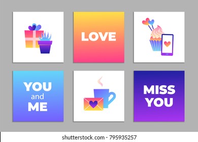 Set of cute gradient templates for valentines day. Collection of flat illustrations with heart, gift, cupcake, flower, envelope. Modern neon colors vector design.